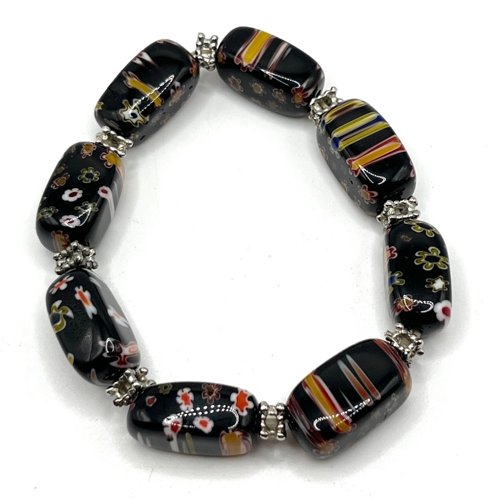 Millefiori Glass Beads Stretch Bracelet Black with Multicolor Floral Design 6.5" - Picture 5 of 7